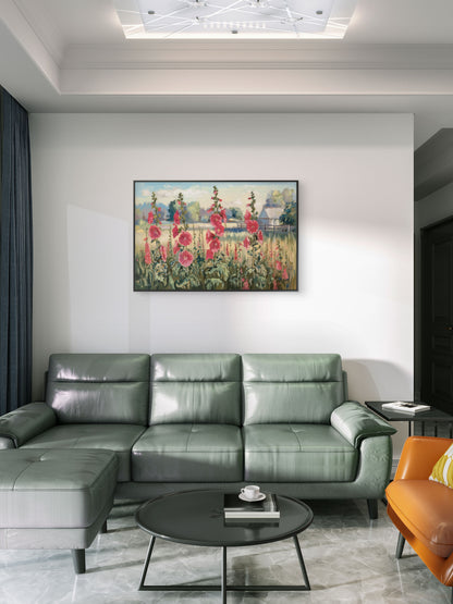 Flower With Farm View Landscape-Premium-Floral & Botanical-3D Textured Wall Art | UV Embossed Canvas Wall Frame for Living room and bed room