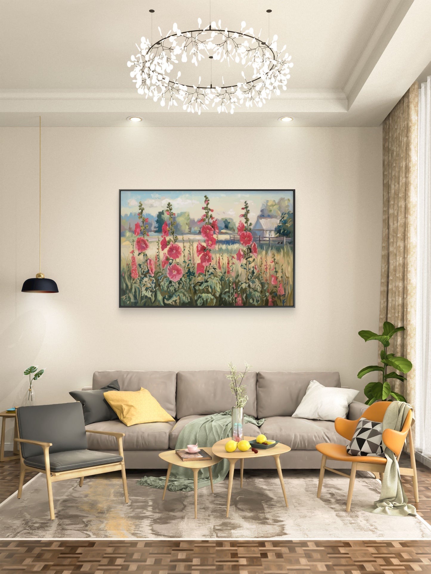Flower With Farm View Landscape-Premium-Floral & Botanical-3D Textured Wall Art | UV Embossed Canvas Wall Frame for Living room and bed room