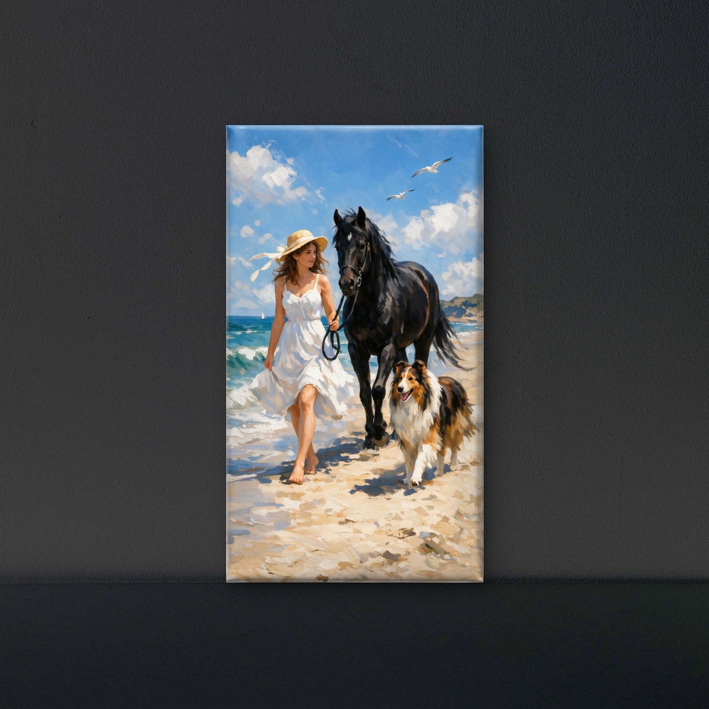 Woman Walking Horse and Collie Dog Beach Luxurious- Lifestyle, Passions & Interests-3D Textured Wall Art | UV Embossed Canvas Wall Frame for Home decor