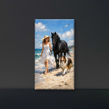 Woman Walking Horse and Collie Dog Beach Luxurious- Lifestyle, Passions & Interests-3D Textured Wall Art | UV Embossed Canvas Wall Frame for Home decor