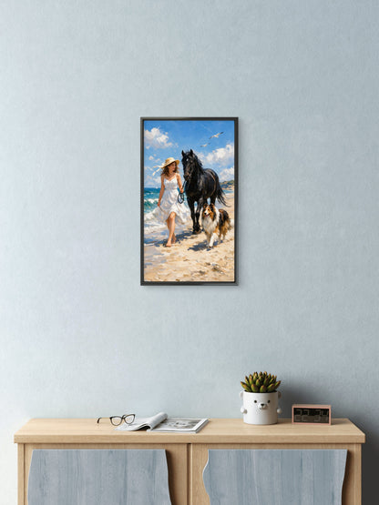 Woman Walking Horse and Collie Dog Beach Luxurious- Lifestyle, Passions & Interests-3D Textured Wall Art | UV Embossed Canvas Wall Frame for Home decor
