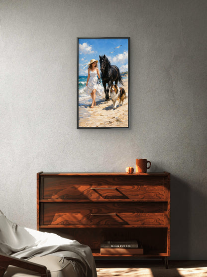 Woman Walking Horse and Collie Dog Beach Luxurious- Lifestyle, Passions & Interests-3D Textured Wall Art | UV Embossed Canvas Wall Frame for Home decor