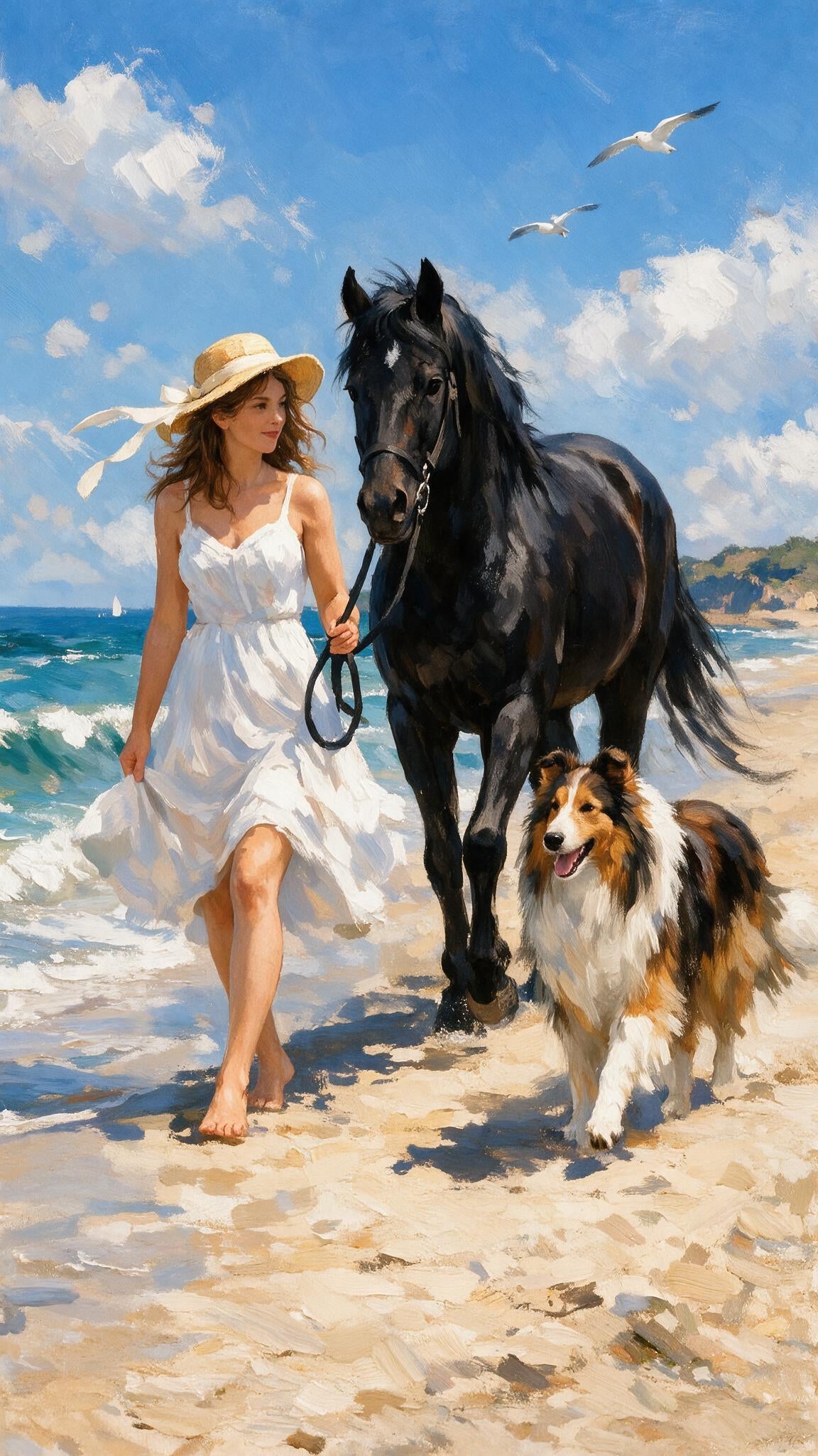 Woman Walking Horse and Collie Dog Beach Luxurious- Lifestyle, Passions & Interests-3D Textured Wall Art | UV Embossed Canvas Wall Frame for Home decor