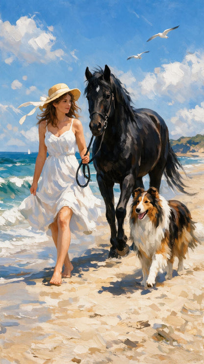 Woman Walking Horse and Collie Dog Beach Luxurious- Lifestyle, Passions & Interests-3D Textured Wall Art | UV Embossed Canvas Wall Frame for Home decor