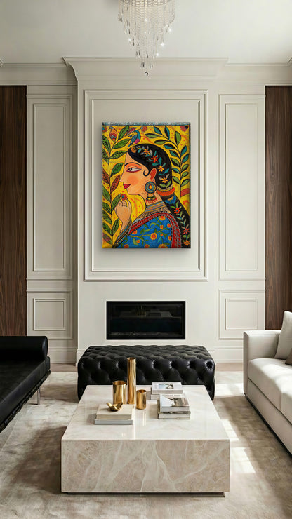 Women kalamkari Art-Luxurious-Indian Culture &  Folk Art 3D Textured Wall Art | UV Printed Embossed Canvas Wall Frame for Home Decor,living Room