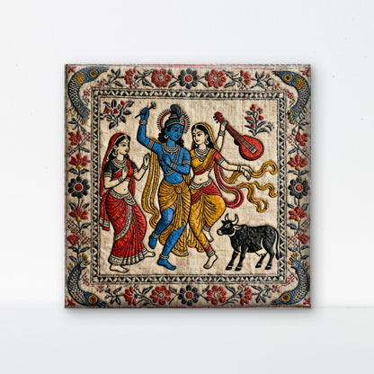 kalamkari-Radha krishn-Luxurious-Indian Culture &  Folk Art 3D Textured Wall Art | UV Printed Embossed Canvas Wall Frame for Home Decor,living Room