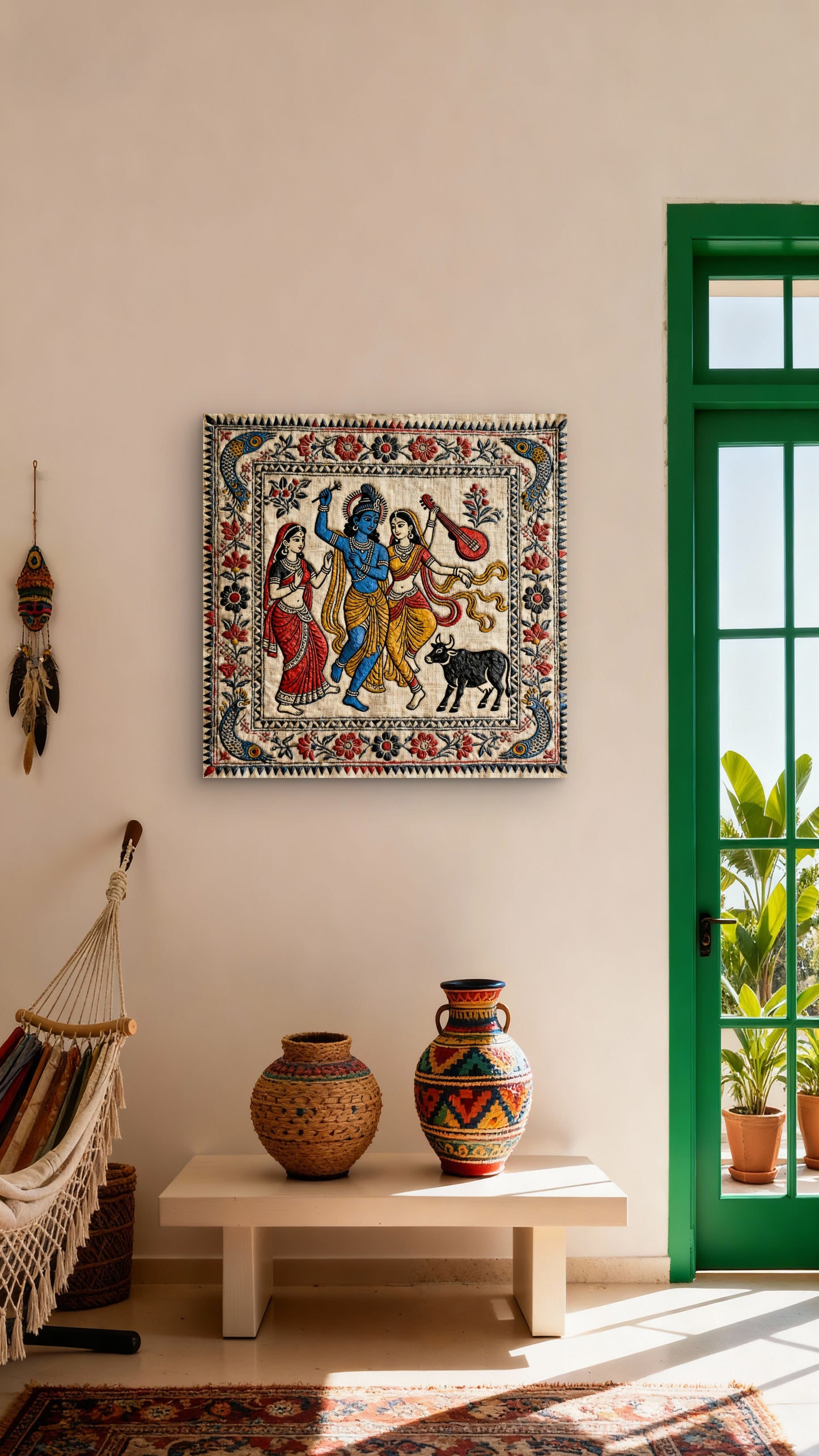 kalamkari-Radha krishn-Luxurious-Indian Culture &  Folk Art 3D Textured Wall Art | UV Printed Embossed Canvas Wall Frame for Home Decor,living Room