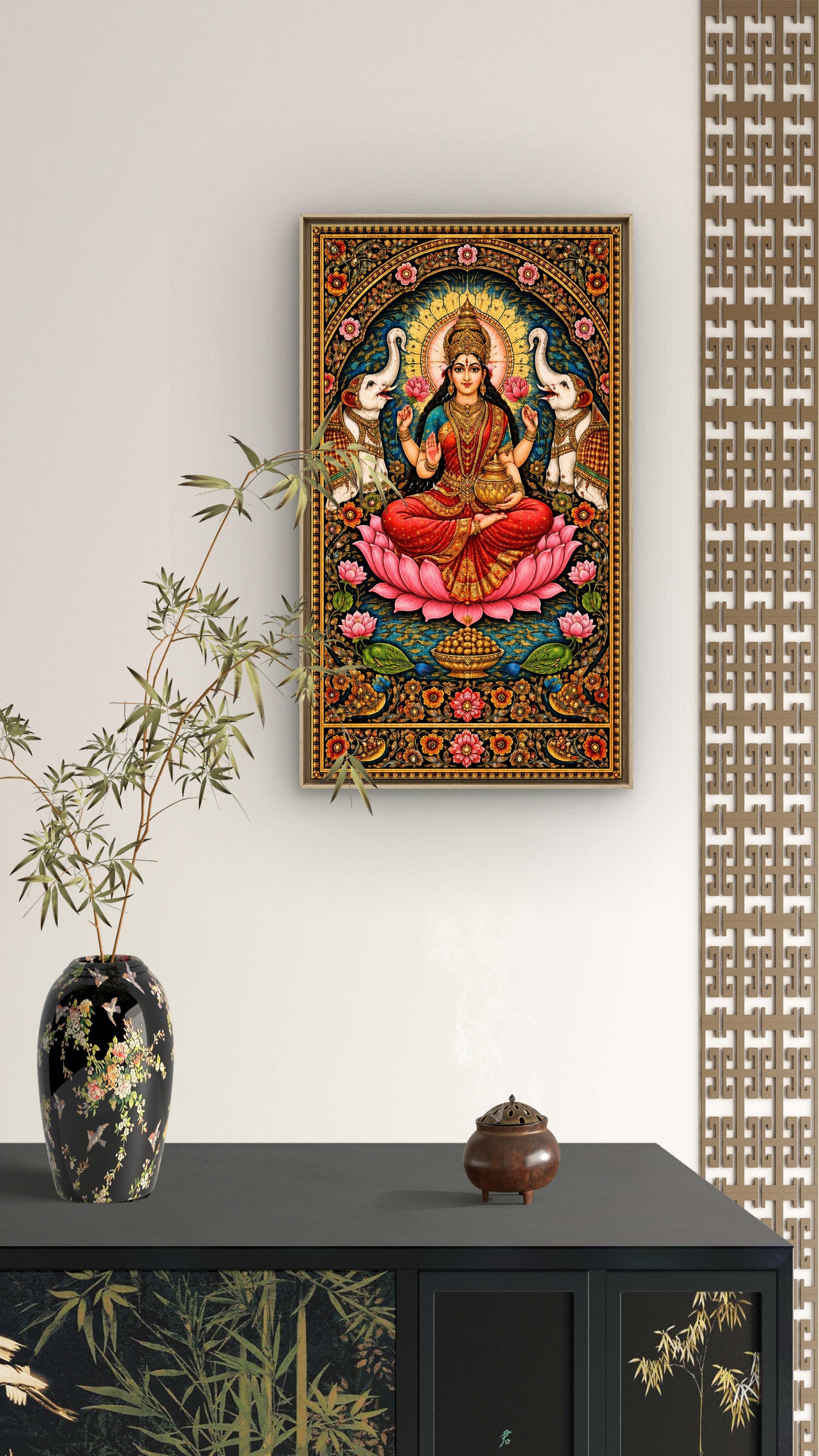 Goddess Lakshmi -Luxurious-Gods and Divine Art 3D Textured Wall Art | UV Printed Embossed Canvas Wall Frame for Home Decor,living Room