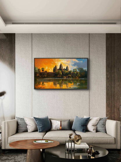 The Golden Hour at Angkor Wat-Luxurious-Spiritual & Mindful 3D Textured Wall Art | UV Printed Embossed Canvas Wall Frame for Prayer room ,Meditation Space