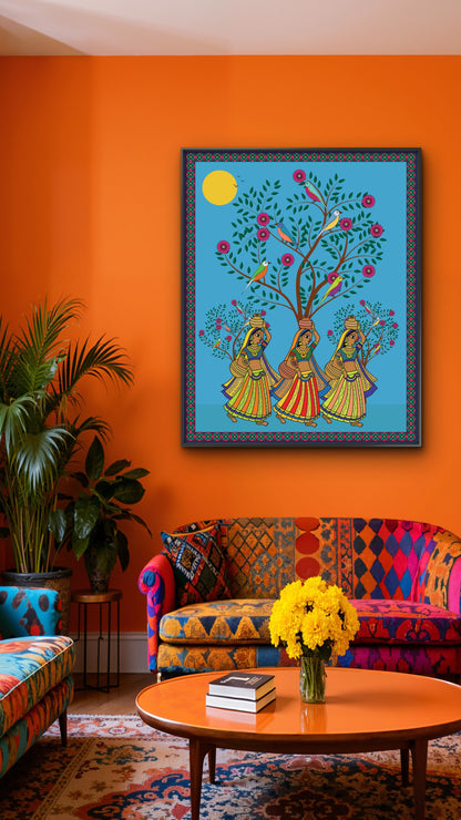 traditional-madhubani-Luxurious-Indian Culture &  Folk Art 3D Textured Wall Art | UV Printed Embossed Canvas Wall Frame for Home Decor,living Room