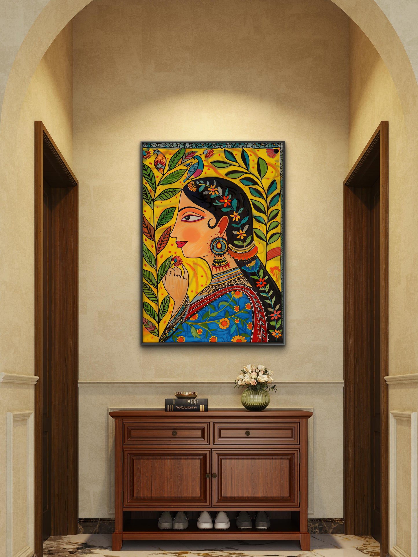 Women kalamkari Art-Luxurious-Indian Culture &  Folk Art 3D Textured Wall Art | UV Printed Embossed Canvas Wall Frame for Home Decor,living Room