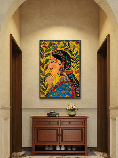 Women kalamkari Art-Luxurious-Indian Culture &  Folk Art 3D Textured Wall Art | UV Printed Embossed Canvas Wall Frame for Home Decor,living Room