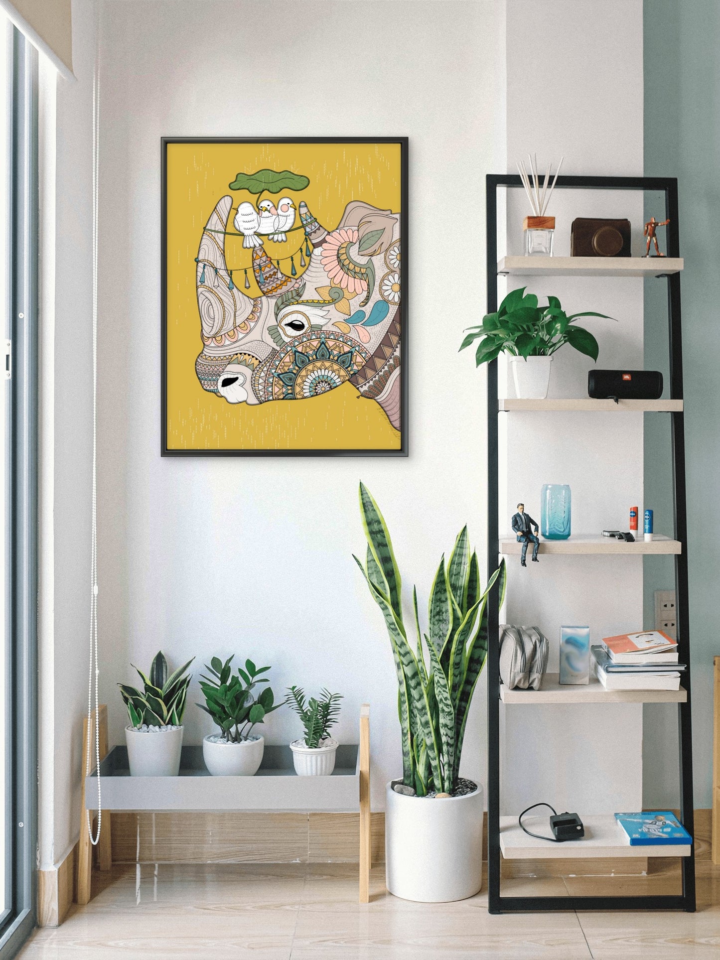 lovely-rhino-with-birds-Luxurious-Indian Culture &  Folk Art 3D Textured Wall Art | UV Printed Embossed Canvas Wall Frame for Home Decor,living Room