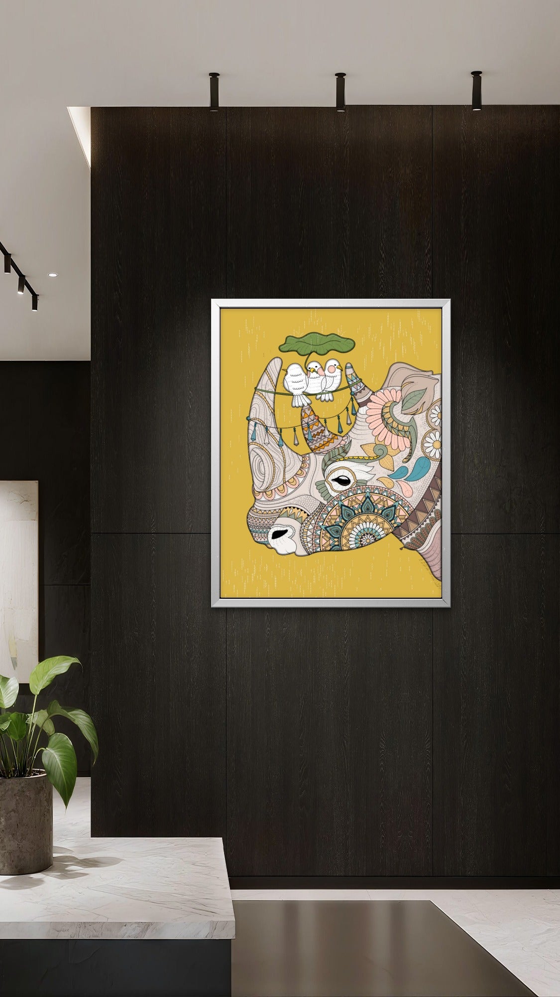 lovely-rhino-with-birds-Luxurious-Indian Culture &  Folk Art 3D Textured Wall Art | UV Printed Embossed Canvas Wall Frame for Home Decor,living Room