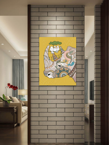 lovely-rhino-with-birds-Luxurious-Indian Culture &  Folk Art 3D Textured Wall Art | UV Printed Embossed Canvas Wall Frame for Home Decor,living Room
