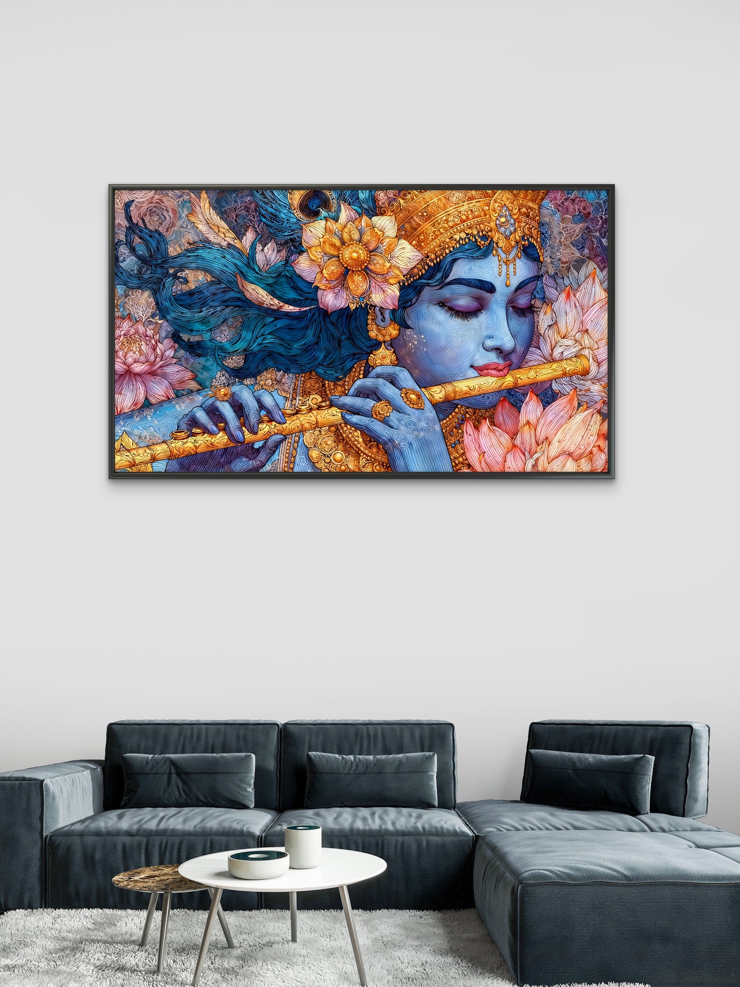 Lord Krishna playing his flute-Luxurious-Spiritual & Mindful 3D Textured Wall Art | UV Printed Embossed Canvas Wall Frame for Prayer room ,Meditation Space