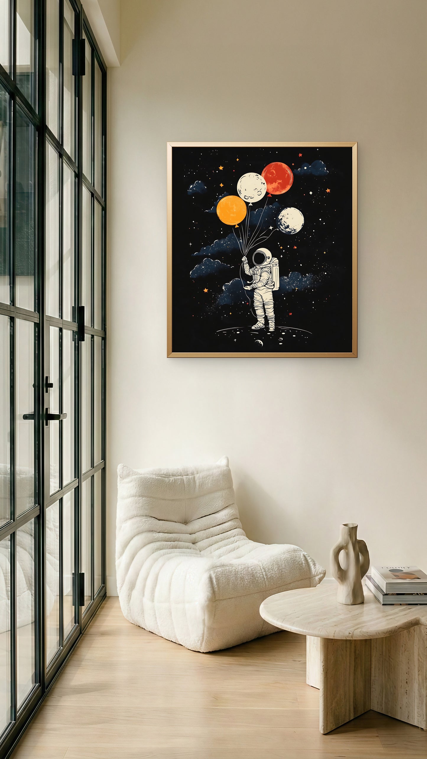 astronaut-with-balloons-sky-with-stars-moon-Premium-Cosmic & Fantasy-3D Textured Wall Art | UV Embossed Canvas Wall Frame for Kids room and living room
