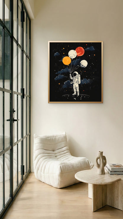 astronaut-with-balloons-sky-with-stars-moon-Premium-Cosmic & Fantasy-3D Textured Wall Art | UV Embossed Canvas Wall Frame for Kids room and living room
