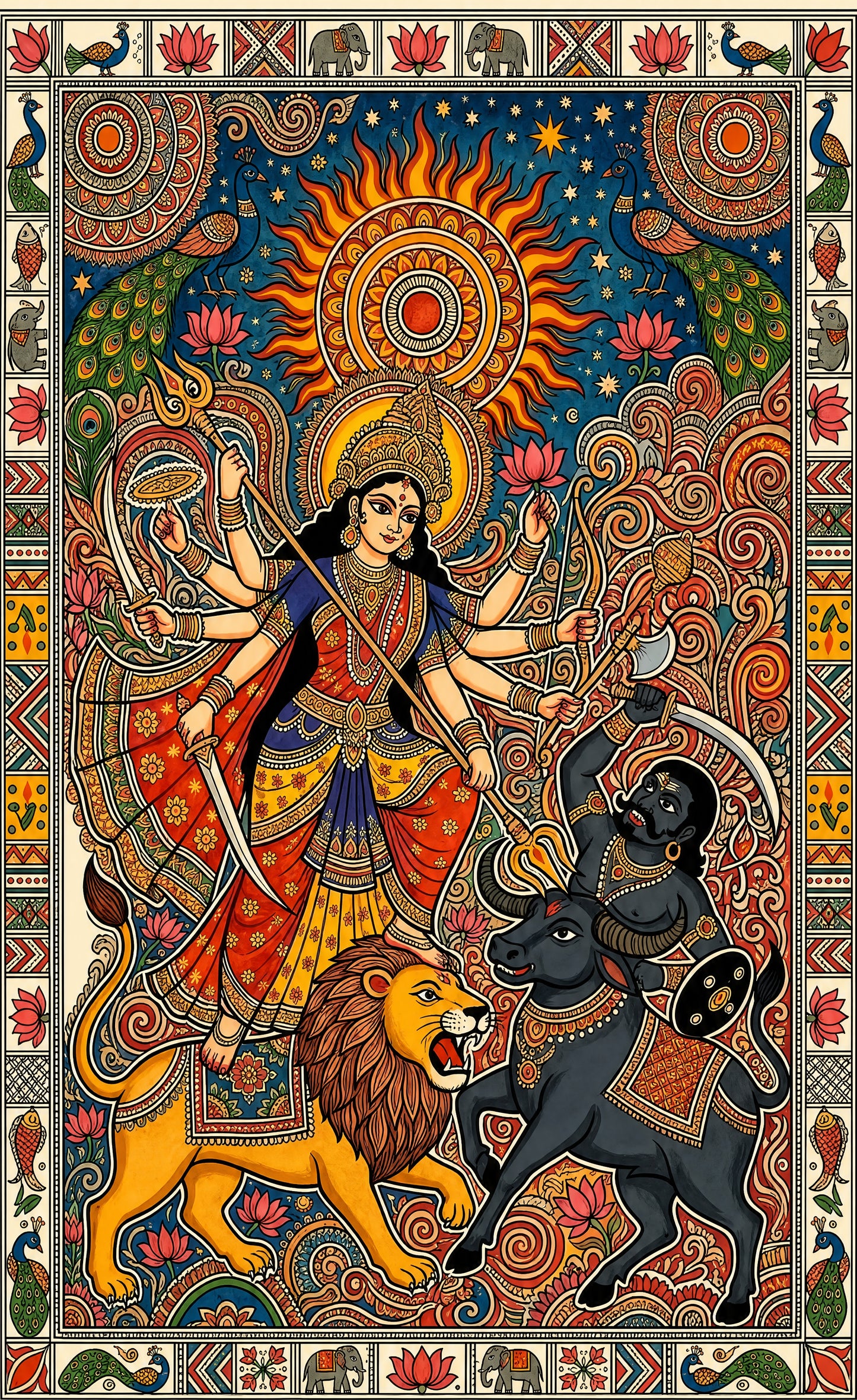 A traditional Madhubani-style painting depicting the Hindu goddess Durga in a battle scene-Luxurious-Indian Culture &  Folk Art-3D Textured Wall Art | UV Embossed Canvas Wall Frame for Home decor