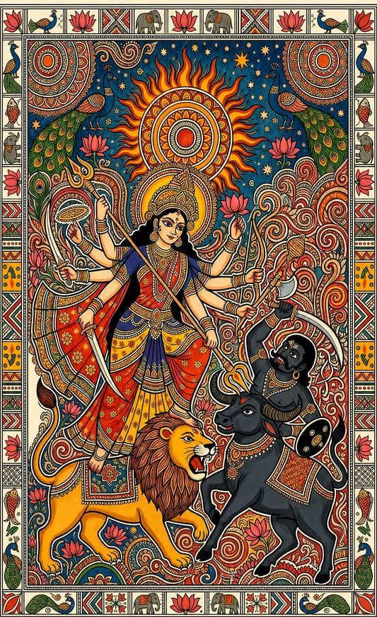 A traditional Madhubani-style painting depicting the Hindu goddess Durga in a battle scene-Luxurious-Indian Culture &  Folk Art-3D Textured Wall Art | UV Embossed Canvas Wall Frame for Home decor