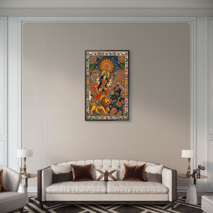 A traditional Madhubani-style painting depicting the Hindu goddess Durga in a battle scene-Luxurious-Indian Culture &  Folk Art-3D Textured Wall Art | UV Embossed Canvas Wall Frame for Home decor