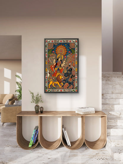 A traditional Madhubani-style painting depicting the Hindu goddess Durga in a battle scene-Luxurious-Indian Culture &  Folk Art-3D Textured Wall Art | UV Embossed Canvas Wall Frame for Home decor