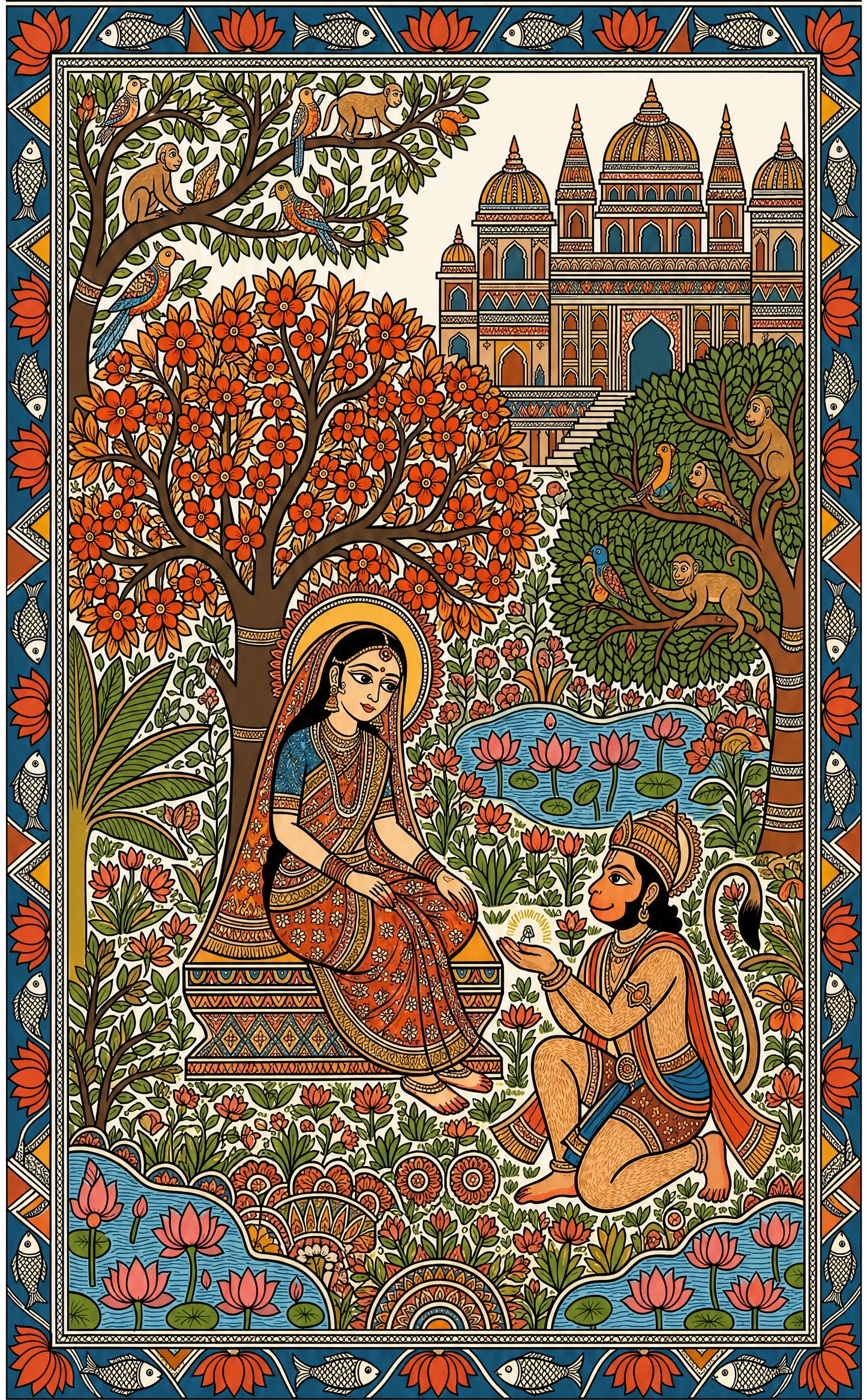 A traditional Madhubani/Mithila folk painting from India depicting the Hindu epic Ramayana-Luxurious-Indian Culture &  Folk Art-3D Textured Wall Art | UV Embossed Canvas Wall Frame for Home decor