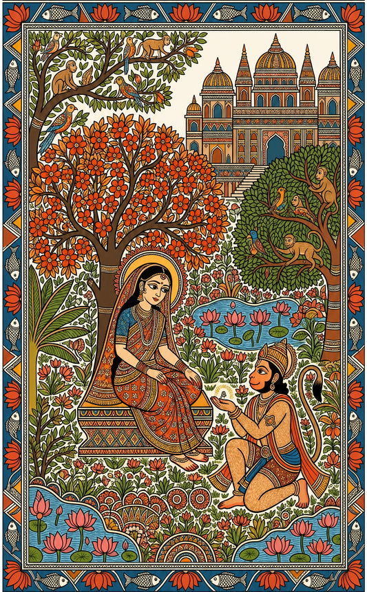 A traditional Madhubani folk painting from India depicting the Hindu epic Ramayana-Luxurious-Indian Culture &  Folk Art-3D Textured Wall Art | UV Embossed Canvas Wall Frame for Home decor