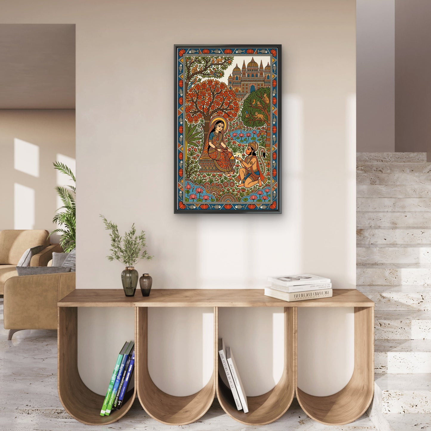 A traditional Madhubani/Mithila folk painting from India depicting the Hindu epic Ramayana-Luxurious-Indian Culture &  Folk Art-3D Textured Wall Art | UV Embossed Canvas Wall Frame for Home decor