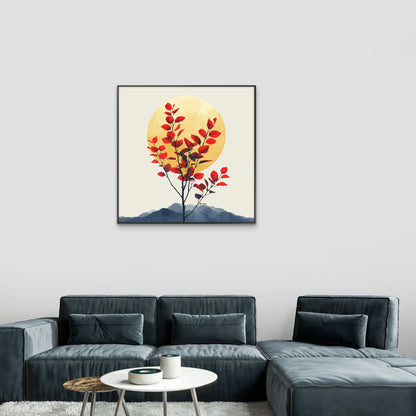 Tree-with-red-leaves-moon-Luxury-Nature & Landscape-3D Textured Wall Art | UV Embossed Canvas Wall Frame for home decor and bed room