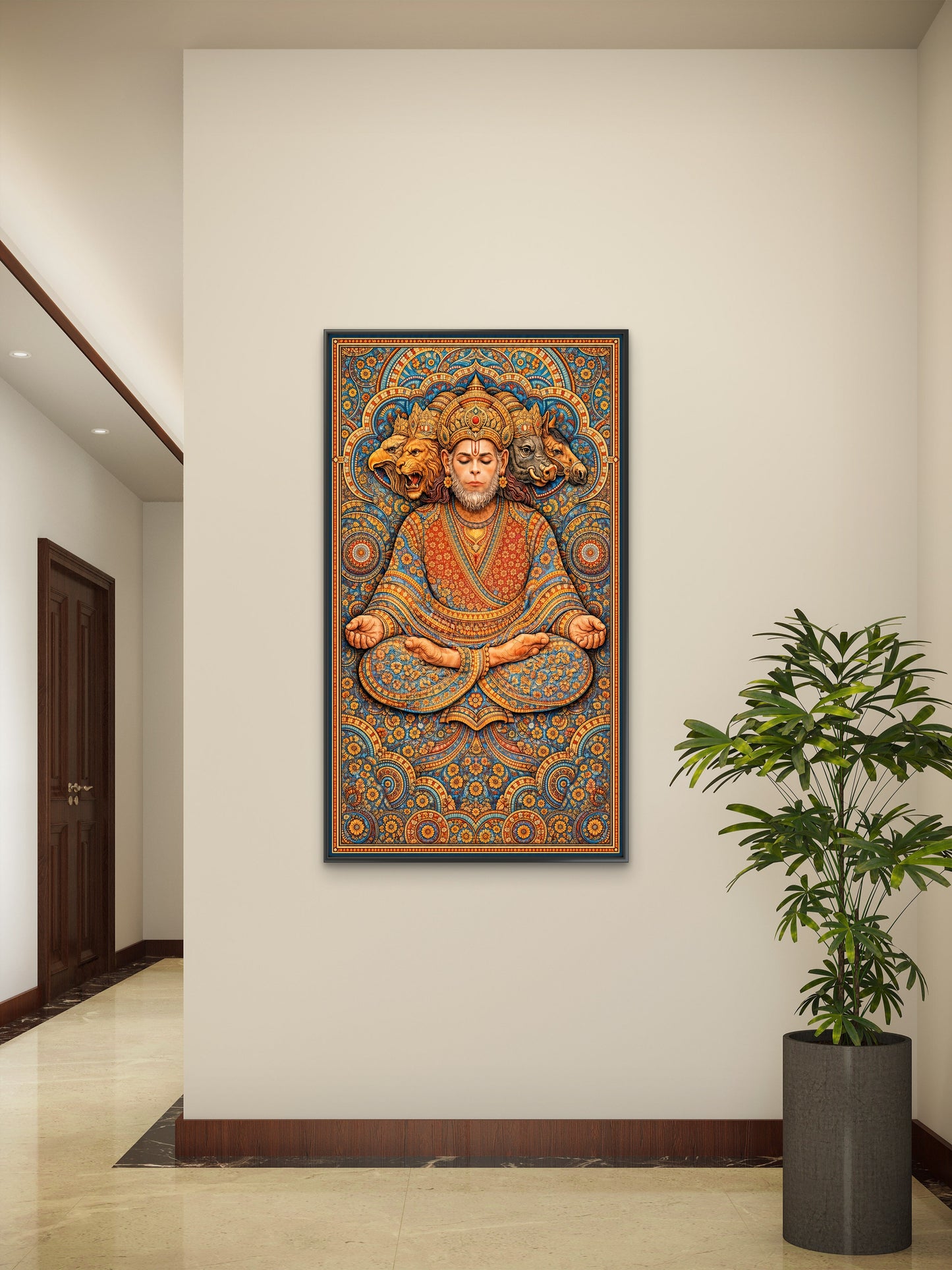 The five-faced form of Lord Hanuman-Luxurious-Spiritual & Mindful-3D Textured Wall Art | UV Embossed Canvas Wall Frame for Home decor
