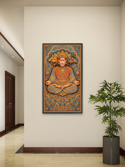 The five-faced form of Lord Hanuman-Luxurious-Spiritual & Mindful-3D Textured Wall Art | UV Embossed Canvas Wall Frame for Home decor