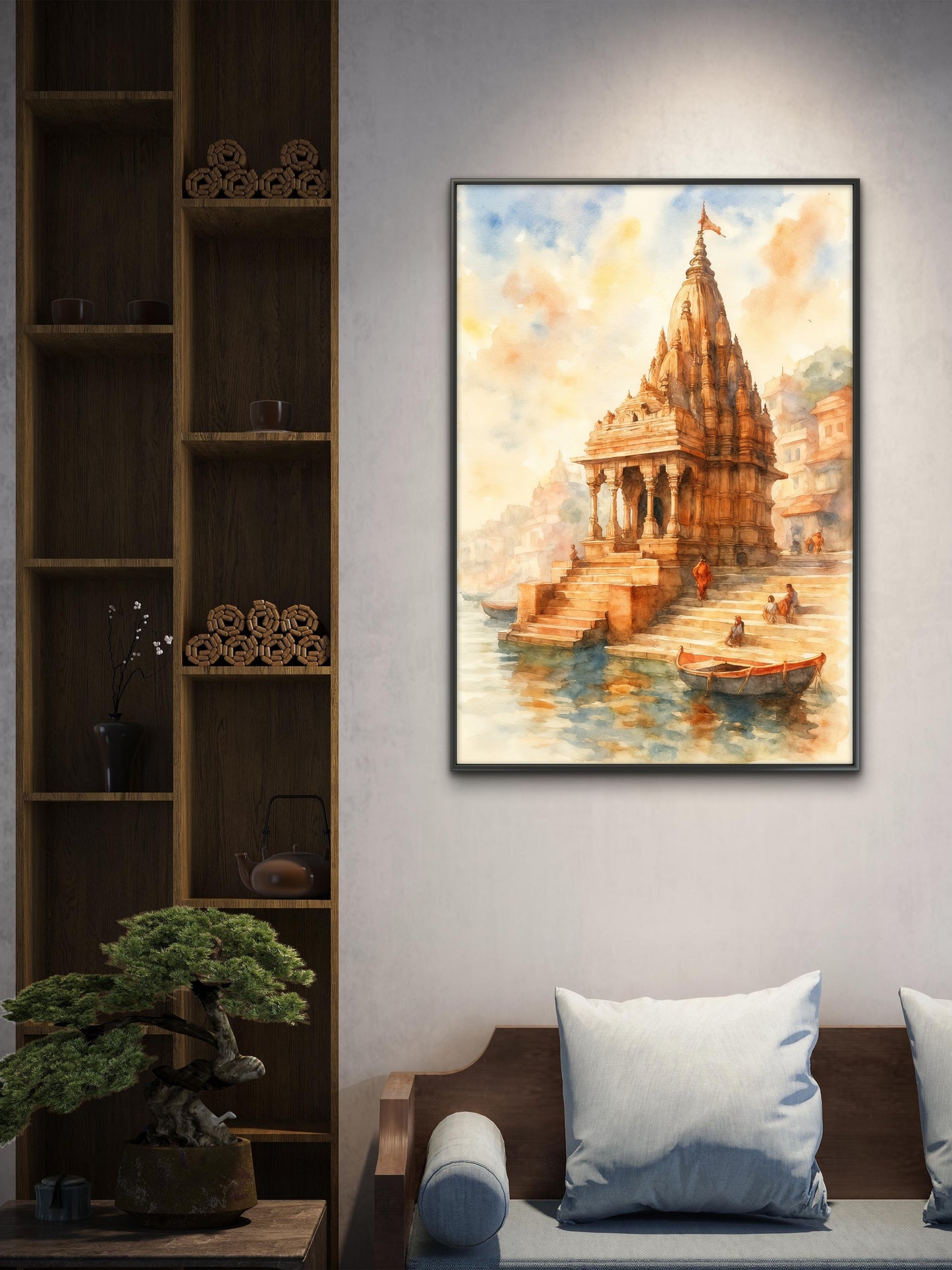 Varanasi temple-Luxurious-Indian Culture &  Folk Art 3D Textured Wall Art | UV Printed Embossed Canvas Wall Frame for Home Decor,living Room