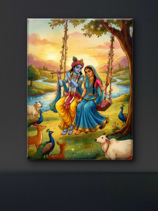 The Celestial Union of Radha Krishna-Luxurious | 3D Textured Wall Art | UV Printed Embossed Canvas Wall Frame for living room,home decor