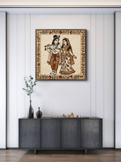 Radha-Krishna-standing-together-Luxurious-Kalamkari Art 3D Textured Wall Art | UV Printed Embossed Canvas Wall Frame for Home Decor,living Room