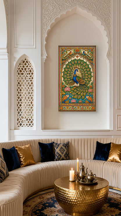 Royal Peacock-Luxurious-Indian Culture &  Folk Art 3D Textured Wall Art | UV Printed Embossed Canvas Wall Frame for Home Decor,living Room