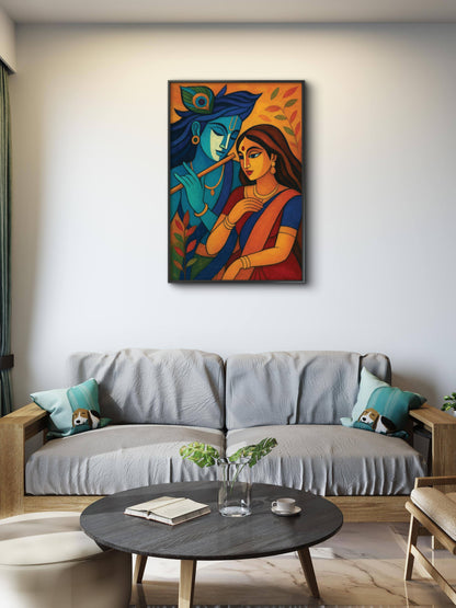 Radha Krishna Abstract Cubist digital Painting-Luxurious-Spiritual & Mindful 3D Textured Wall Art | UV Printed Embossed Canvas Wall Frame for Prayer room ,Meditation Space