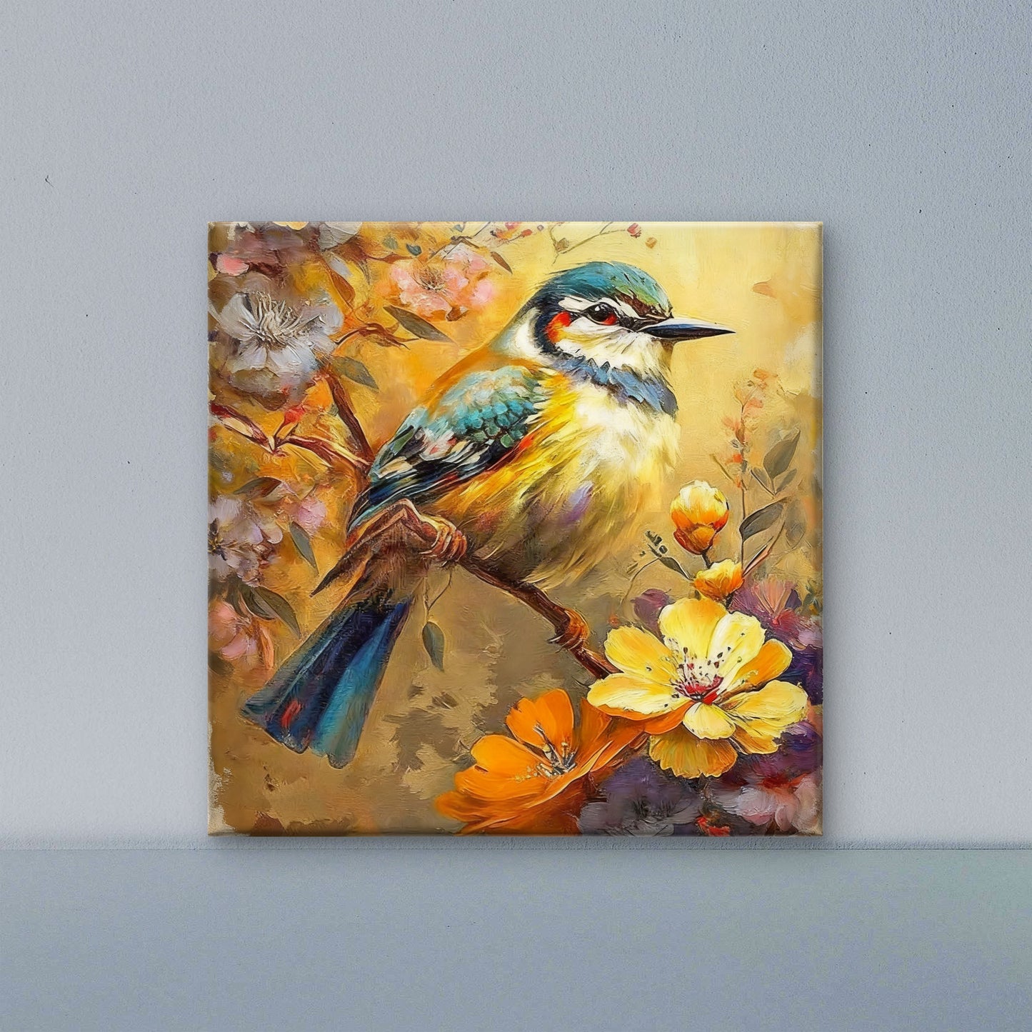 bird on a Flowering Branch-Luxurious-Wildlife & Animals-3D Textured Wall Art | UV Embossed Canvas Wall Frame for Home decor