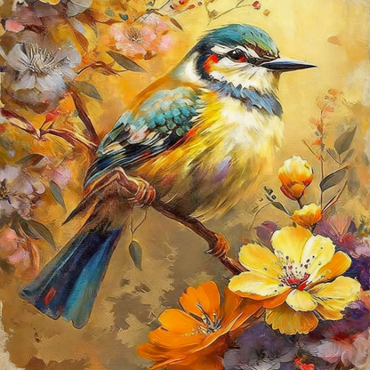bird on a Flowering Branch-Luxurious-Wildlife & Animals-3D Textured Wall Art | UV Embossed Canvas Wall Frame for Home decor