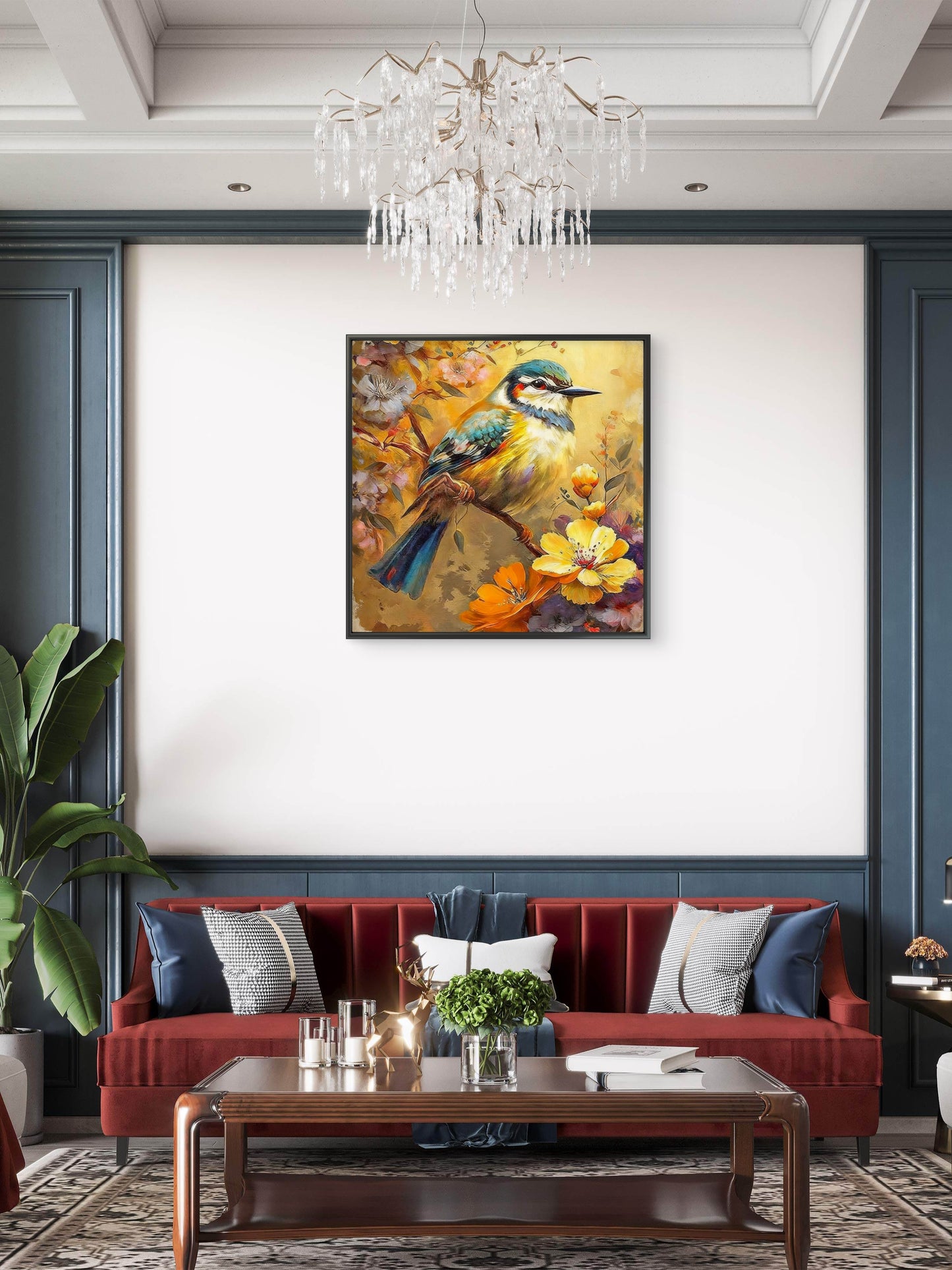 bird on a Flowering Branch-Luxurious-Wildlife & Animals-3D Textured Wall Art | UV Embossed Canvas Wall Frame for Home decor