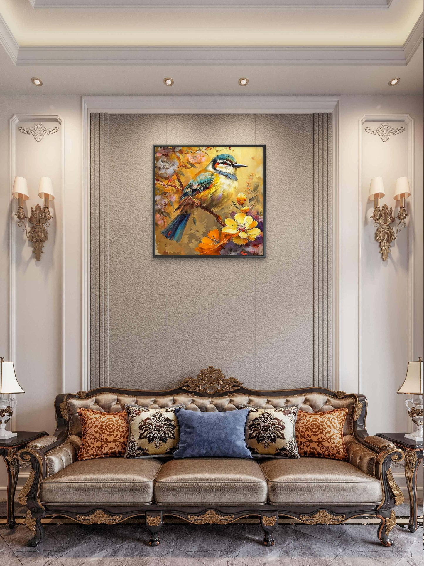 bird on a Flowering Branch-Luxurious-Wildlife & Animals-3D Textured Wall Art | UV Embossed Canvas Wall Frame for Home decor