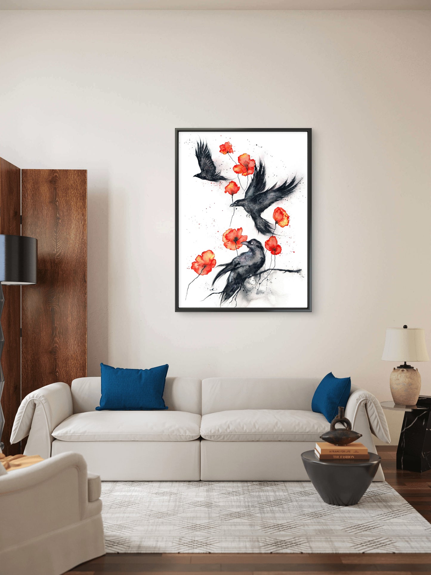 black-ravens-red-poppies-Luxurious-Wildlife & Animals-3D Textured Wall Art | UV Embossed Canvas Wall Frame for Home decor