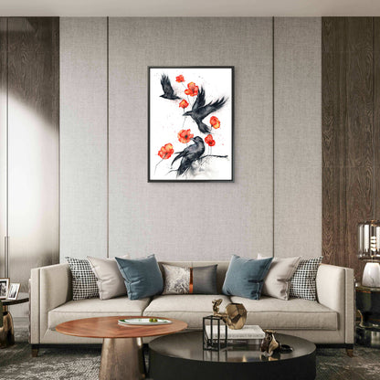 black-ravens-red-poppies-Luxurious-Wildlife & Animals-3D Textured Wall Art | UV Embossed Canvas Wall Frame for Home decor