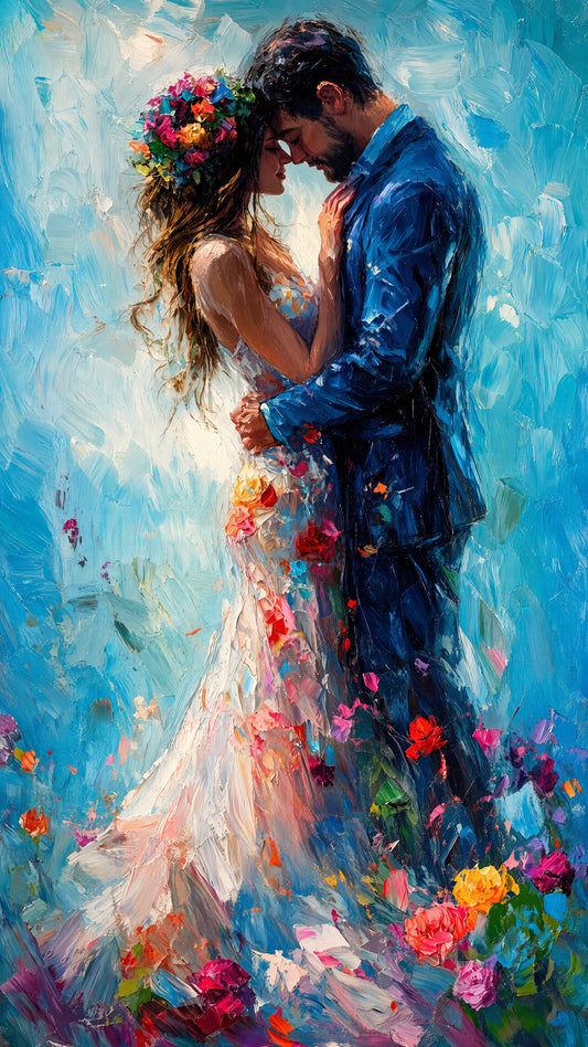 bride_and_groom_floral_dress_blue_background-Luxurious-Love & Togetherness -3D Textured Wall Art | UV Embossed Canvas Wall Frame for Home decor
