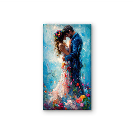 bride_and_groom_floral_dress_blue_background-Luxurious-Love & Togetherness -3D Textured Wall Art | UV Embossed Canvas Wall Frame for Home decor