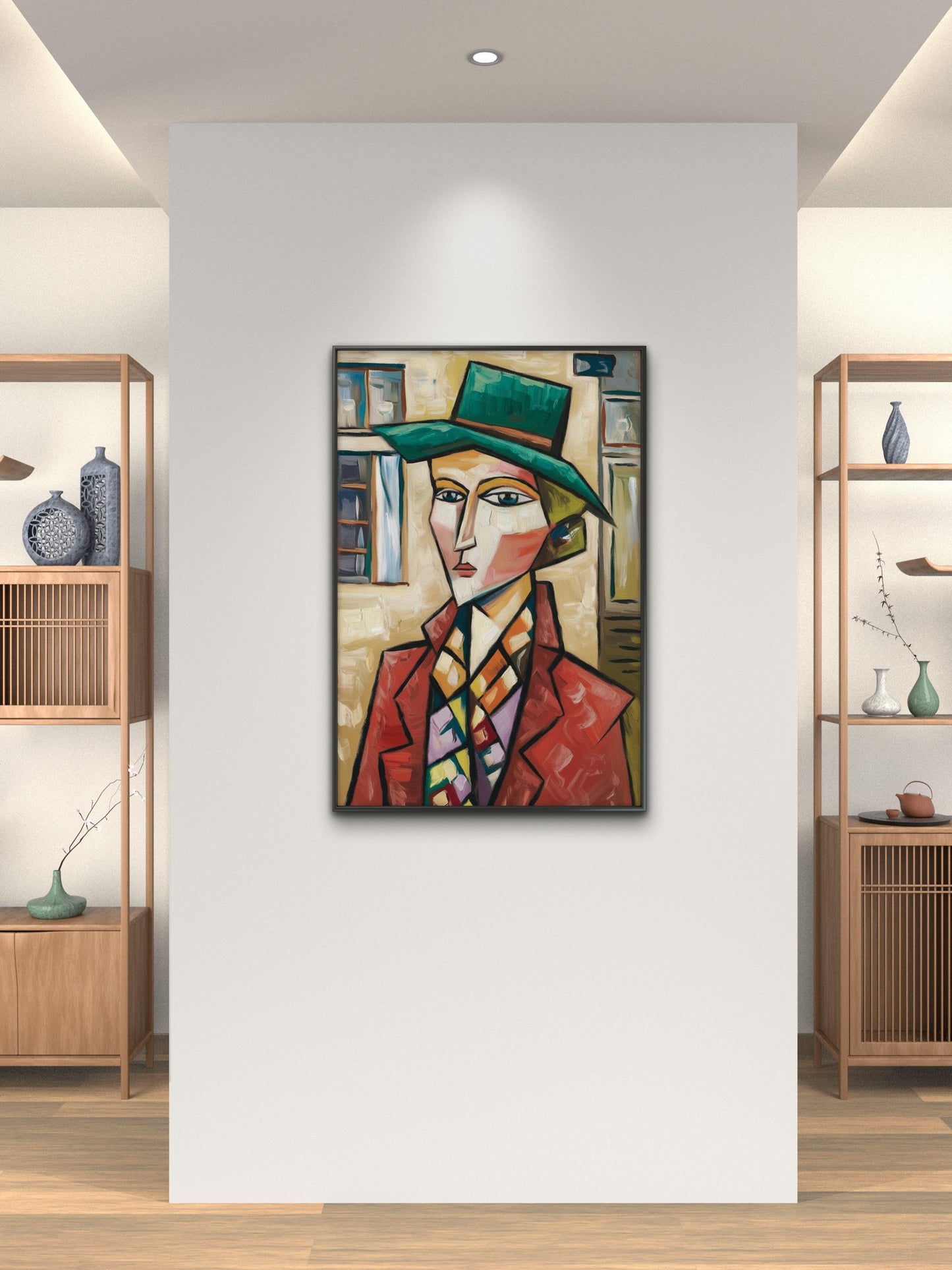 Picasso Style Woman in a Green Hat-Luxurious-Modern Art & Abstract| 3D Textured Wall Art | UV Printed Embossed Canvas Wall Frame for Office,Meditation Space