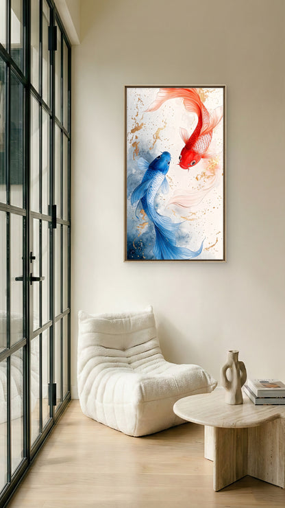 two stylized Koi fish -Luxurious-Wildlife & Animals 3D Textured Wall Art | UV Printed Embossed Canvas Wall Frame for Home Decor,living Room