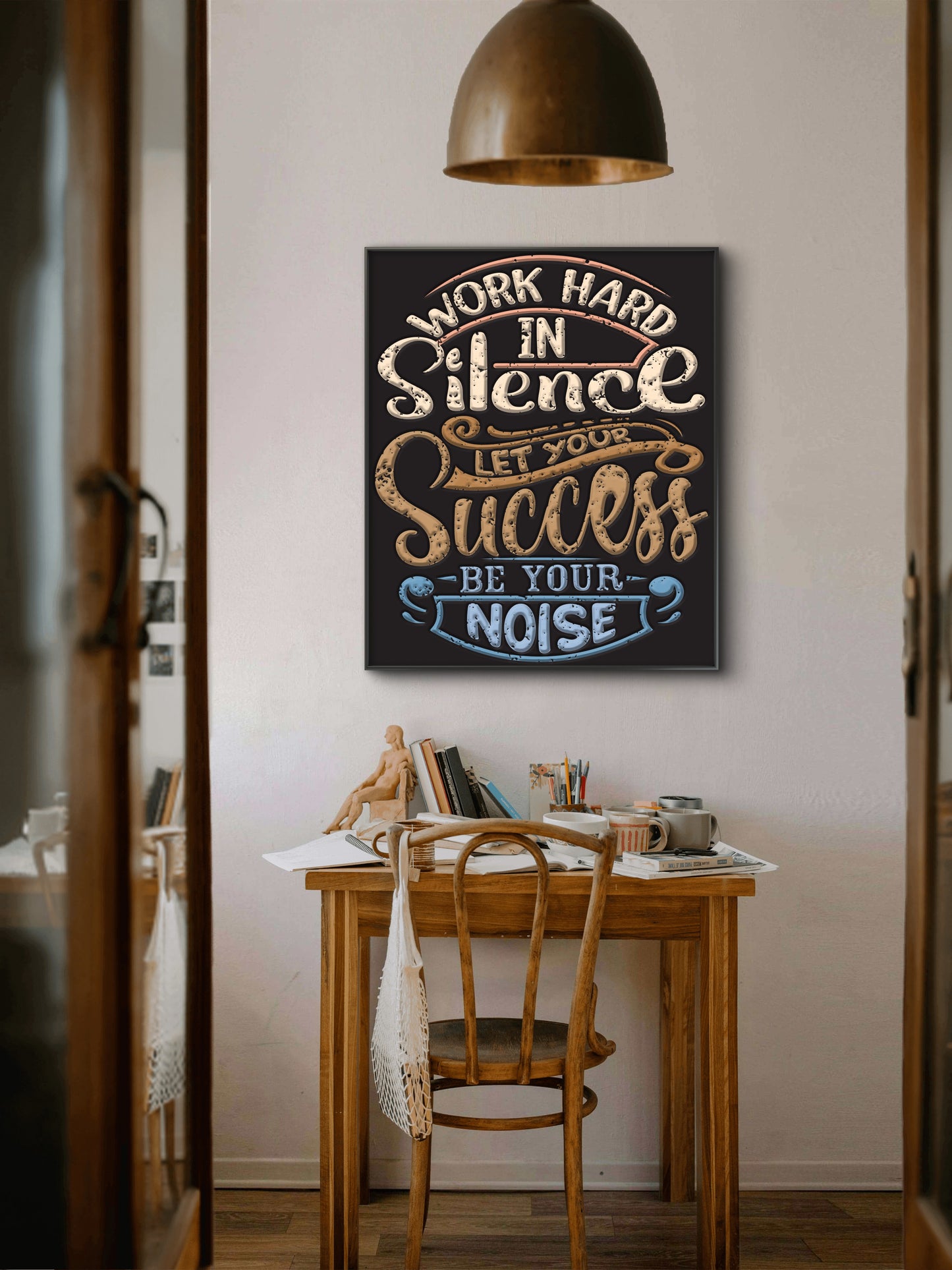 Work Hard in Silence-Luxurious-Motivational & Typography| 3D Textured Wall Art | UV Printed Embossed Canvas Wall Frame for Office,Meditation Space