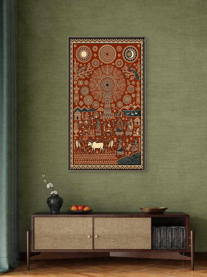Sacred Roots: The Cosmic Tree of Life-Luxurious-Indian Culture &  Folk Art 3D Textured Wall Art | UV Printed Embossed Canvas Wall Frame for Home Decor,living Room