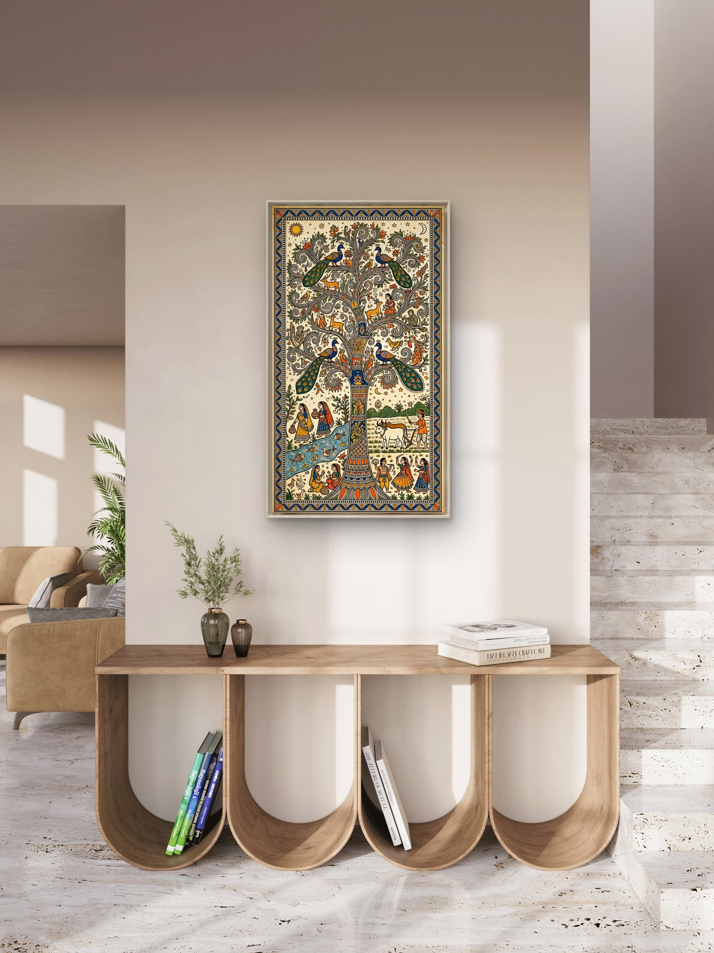 Madhubani (Mithila) -Luxurious-Culture, Heritage & Folk Art 3D Textured Wall Art | UV Printed Embossed Canvas Wall Frame for Home Decor,living Room